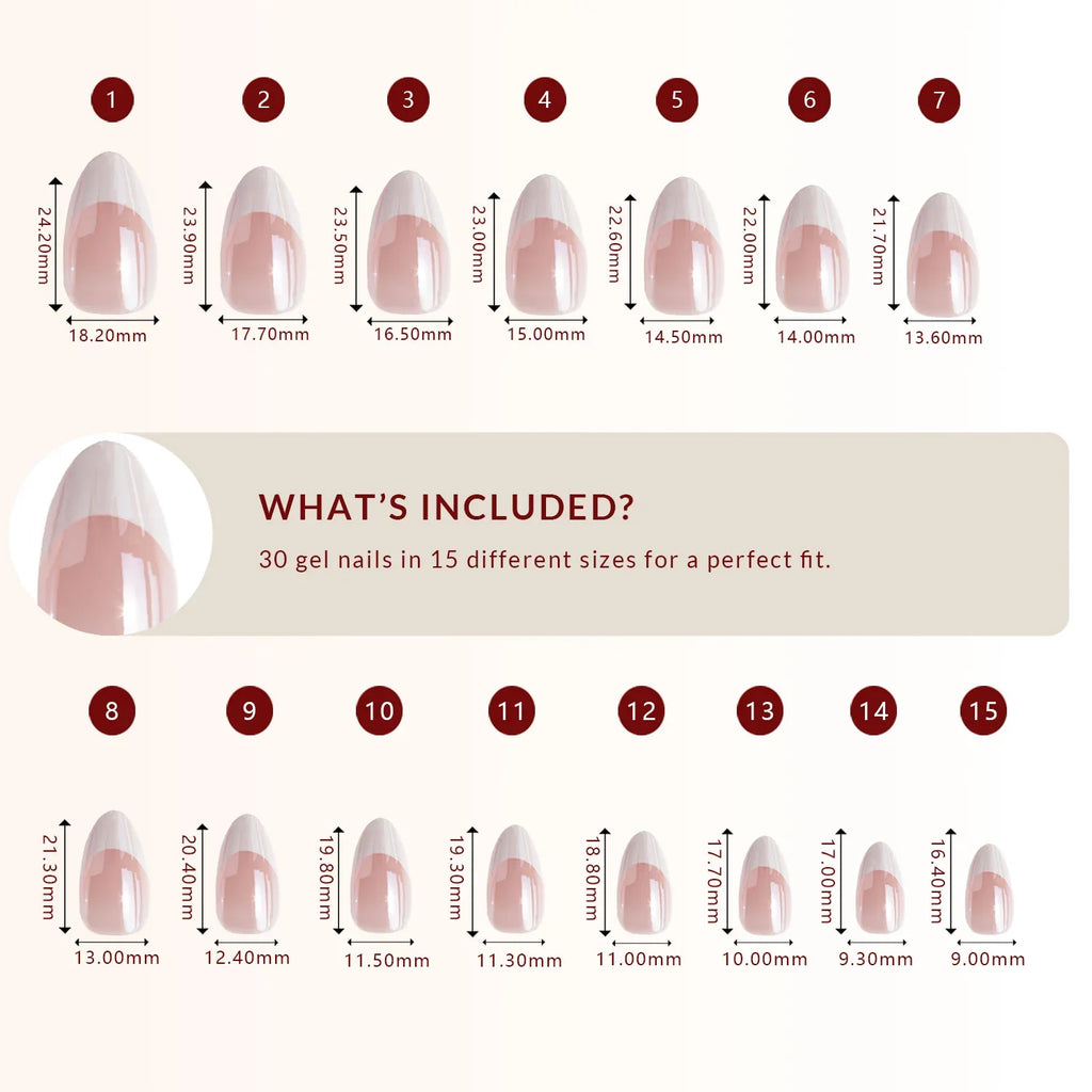 LuxeTip Glazed & Deep French Press On Nails, Medium Almond White French Tips, High-Gloss Finish, Size Guide, 30 Gel Nails in 15 Different Nail Sizes