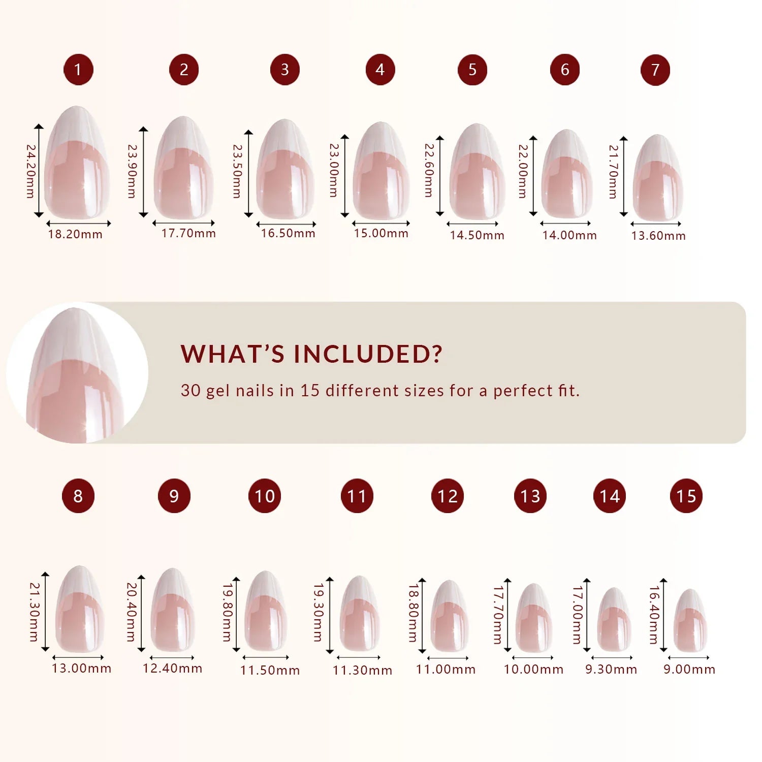 LuxeTip Glazed & Deep French Press On Nails, Medium Almond White French Tips, High-Gloss Finish, Size Guide, 30 Gel Nails in 15 Different Nail Sizes