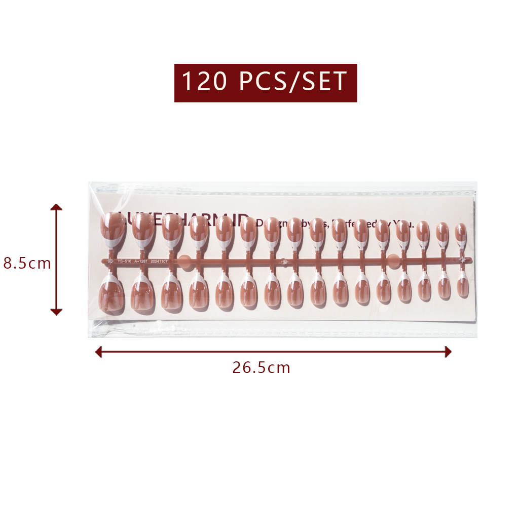 LuxeTip Glazed & Deep French Press On Nails, Medium Almond White French Tips, High-Gloss Finish, Light Brown Color 