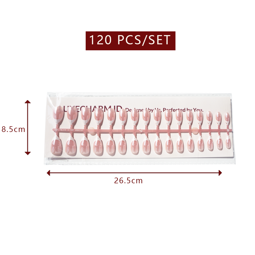 LuxeTip Glazed & Deep French Press On Nails, Medium Almond White French Tips, High-Gloss Finish, Light Pink Color 