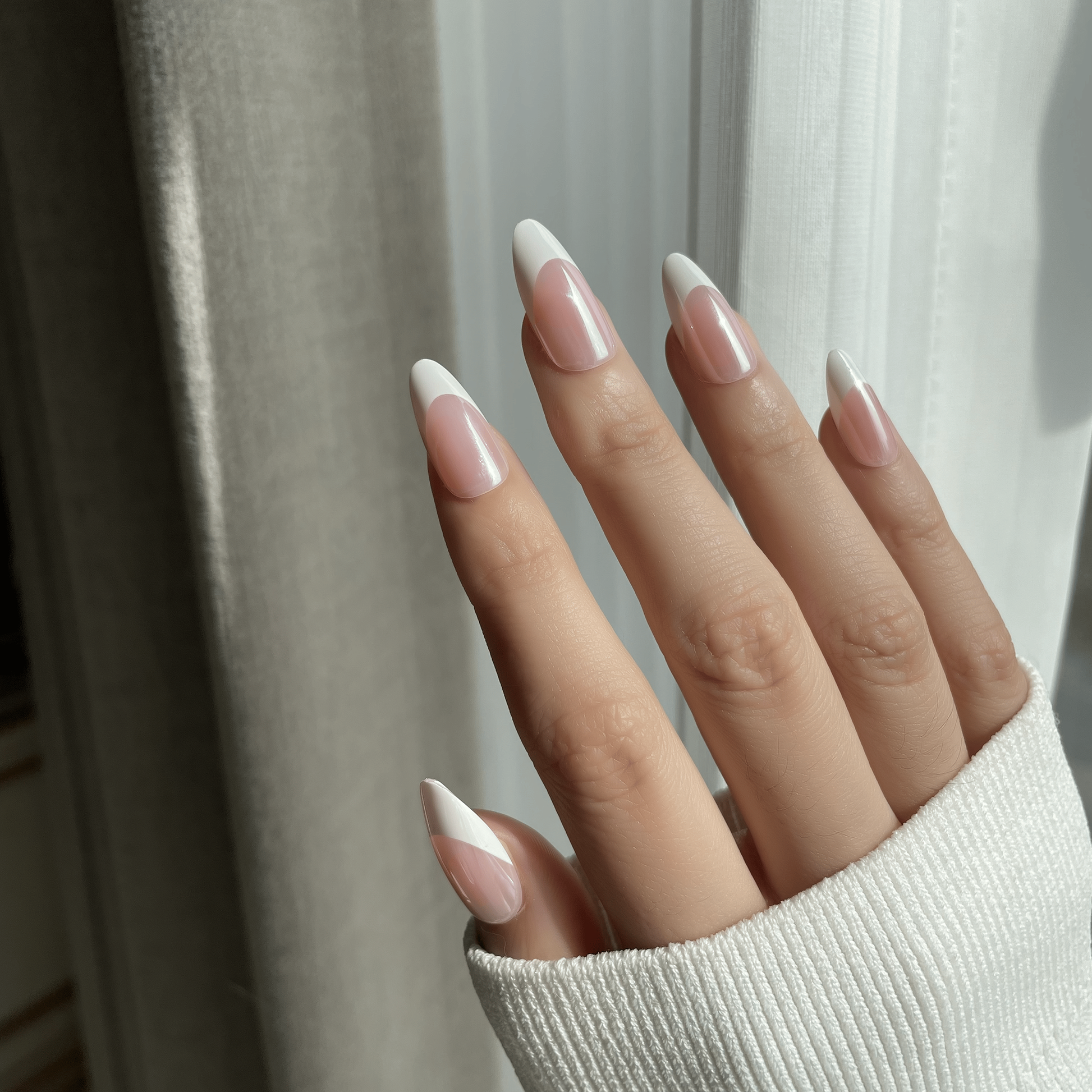 LuxeTip Glazed & Deep French Press On Nails, Medium Almond White French Tips, High-Gloss Finish, On Hand Display 2 