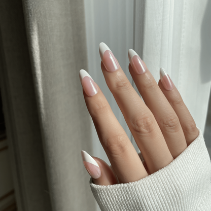 LuxeTip Glazed & Deep French Press On Nails, Medium Almond White French Tips, High-Gloss Finish, On Hand Display 2 
