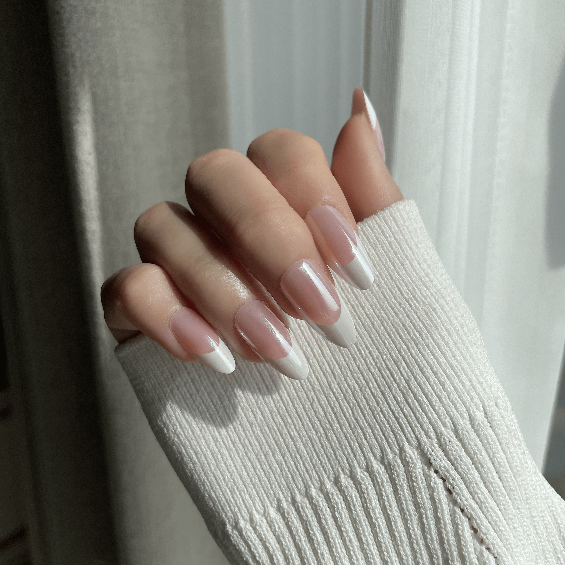 LuxeTip Glazed & Deep French Press On Nails, Medium Almond White French Tips, High-Gloss Finish, On Hand Display 3
