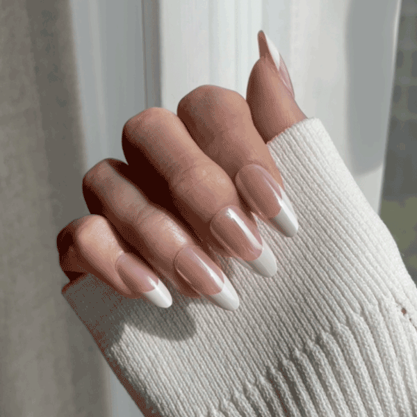 LuxeTip Glazed & Deep French Press On Nails, Medium Almond White French Tips, High-Gloss Finish, On Hand Display, Live GIF