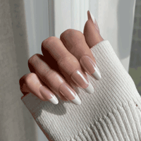 LuxeTip Glazed & Deep French Press On Nails, Medium Almond White French Tips, High-Gloss Finish, On Hand Display, Live GIF