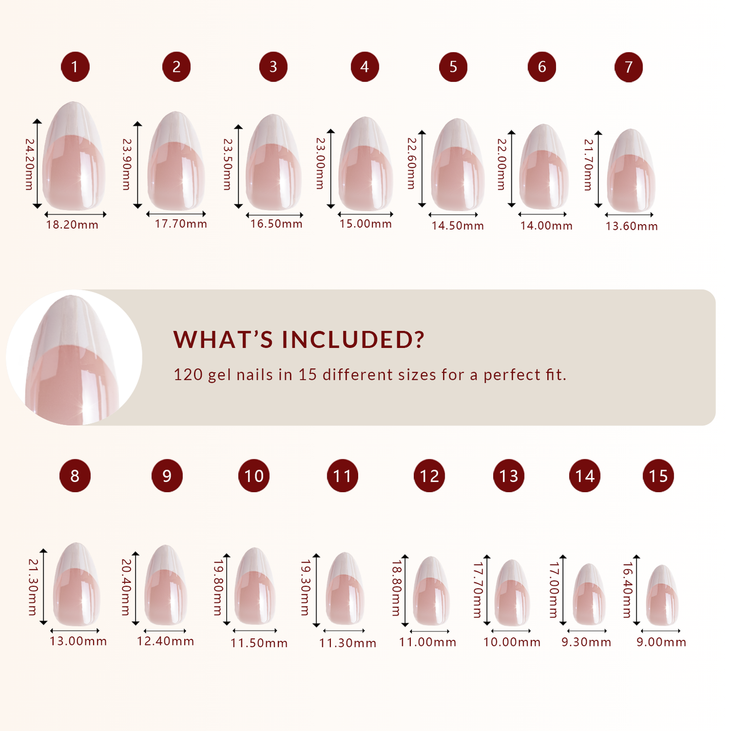 LuxeTip Glazed & Deep French Press On Nails, Medium Almond White French Tips, High-Gloss Finish, Size Guide, 120 Gel Nails in 15 Different Nail Sizes