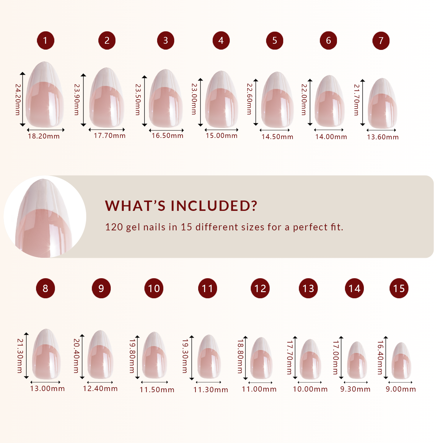 LuxeTip Glazed & Deep French Press On Nails, Medium Almond White French Tips, High-Gloss Finish, Size Guide, 120 Gel Nails in 15 Different Nail Sizes