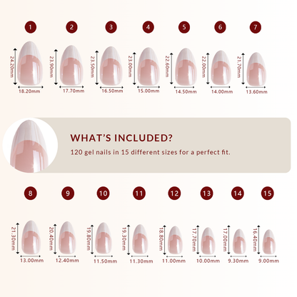 LuxeTip Glazed & Deep French Press On Nails, Medium Almond White French Tips, High-Gloss Finish, Size Guide, 120 Gel Nails in 15 Different Nail Sizes