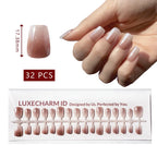 LuxeTip Glazed Donut Press On Nails Extra Short Square, On Hand Display, Thumb Nail Size Guide