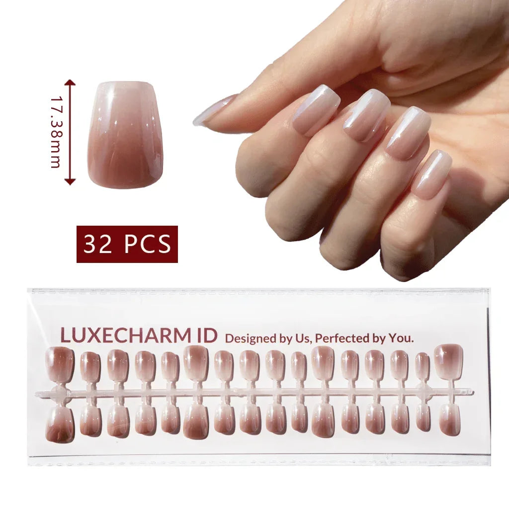 LuxeTip Glazed Donut Press On Nails Extra Short Square, On Hand Display, Thumb Nail Size Guide