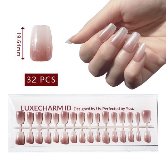 LuxeTip Glazed Donut Press On Nails Short Ballerina, On Hand Display, Thumb Nail Size Guide