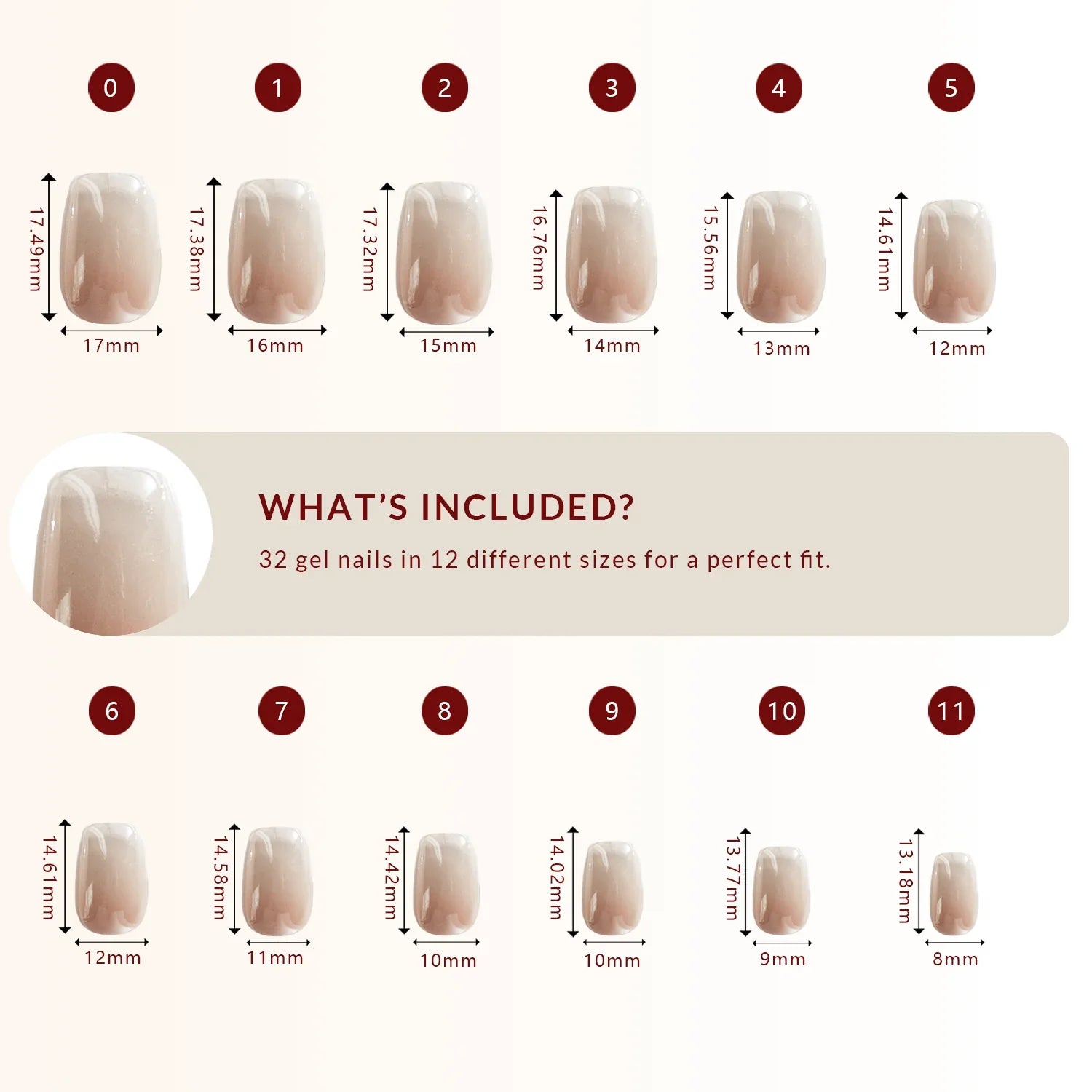LuxeTip Glazed Donut Press On Nails Short Ballerina, Size Guide, 32 Gel Nails in 12 Different Sizes