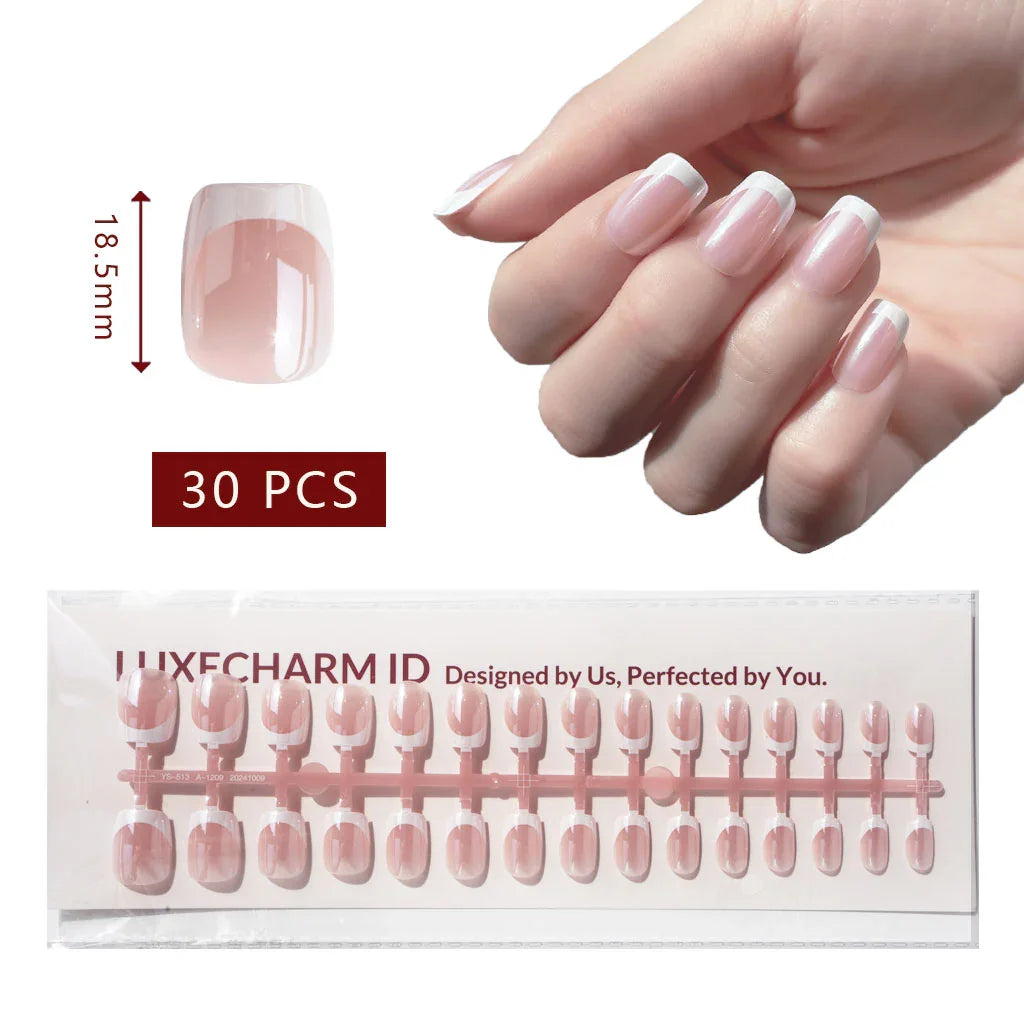 LuxeCharm LuxeTip Glazed French Press On Nails, Extra Short Square White French Tips, High-Gloss Finish, On Hand Display, Thumb Nail Size Guide. 30 Pieces