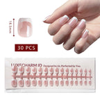 LuxeCharm LuxeTip Glazed French Press On Nails, Extra Short Square White French Tips, High-Gloss Finish, On Hand Display, Thumb Nail Size Guide. 30 Pieces