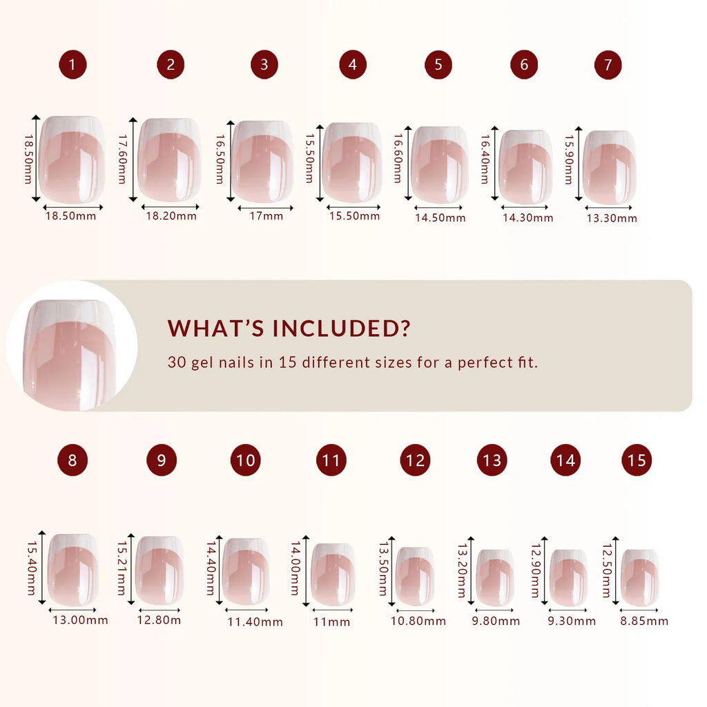 LuxeTip Glazed French Press On Nails, Extra Short Square White French Tips, High-Gloss Finish, Size Guide, 30 Gel Nails in 15 Different Nail Sizes