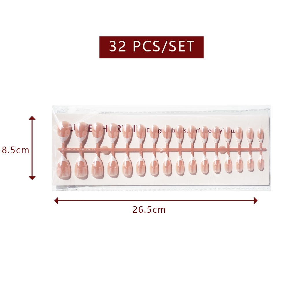 LuxeTip Glazed French Press On Nails, Short Almond White French Tips, High-Gloss Finish, Peach Color