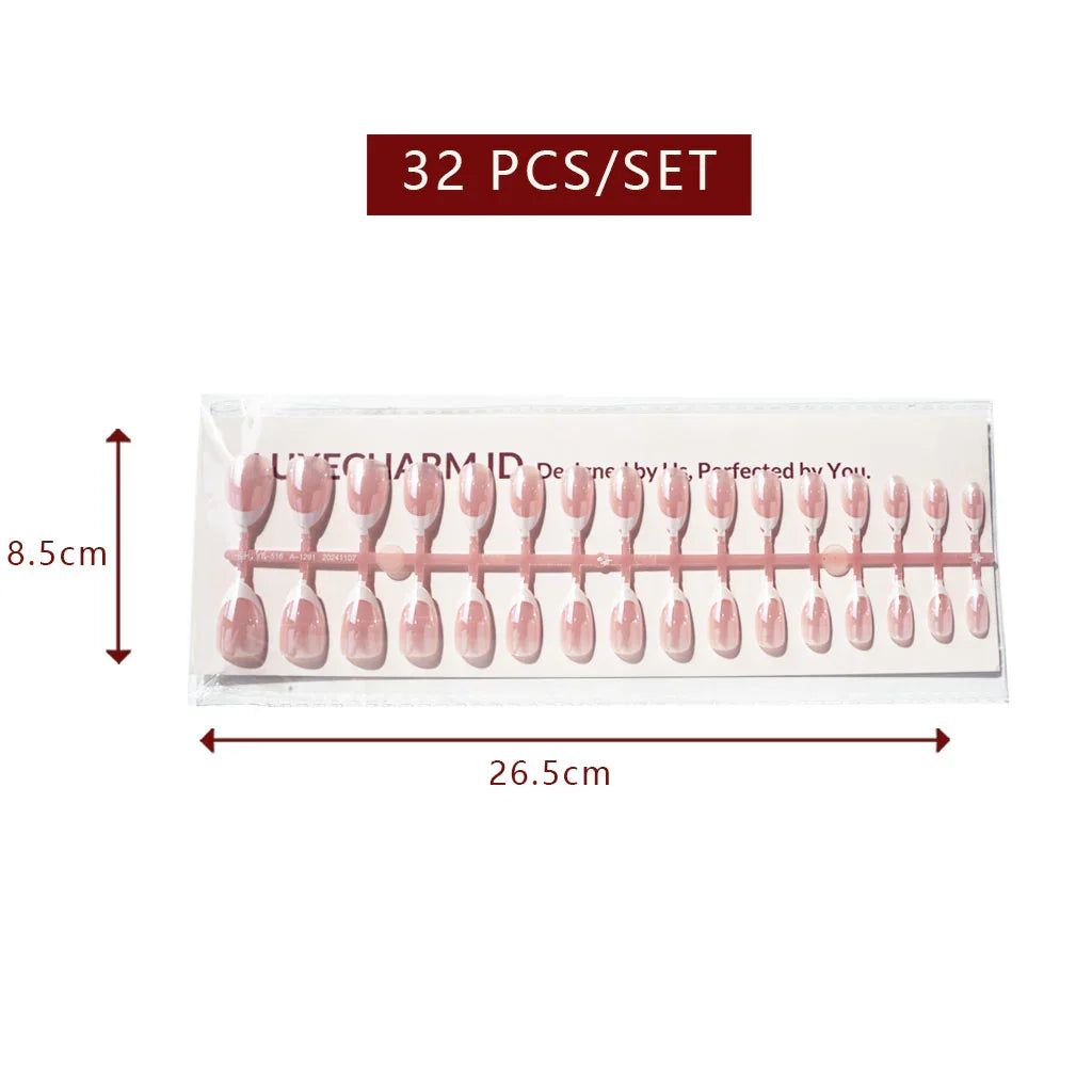 LuxeTip Glazed French Press On Nails, Short Almond White French Tips, High-Gloss Finish, Light Pink Color