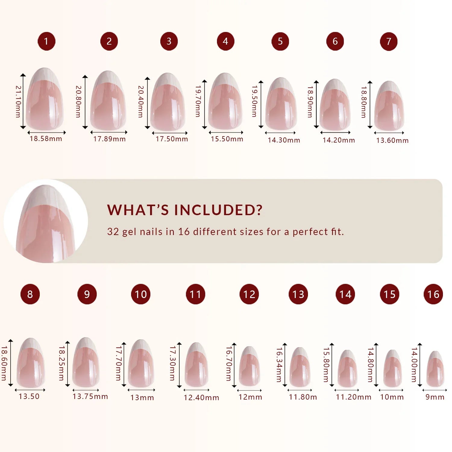 LuxeTip Glazed French Press On Nails, Short Almond White French Tips, High-Gloss Finish, Size Guide, 32 Gel Nails in 16 Different Nail Sizes