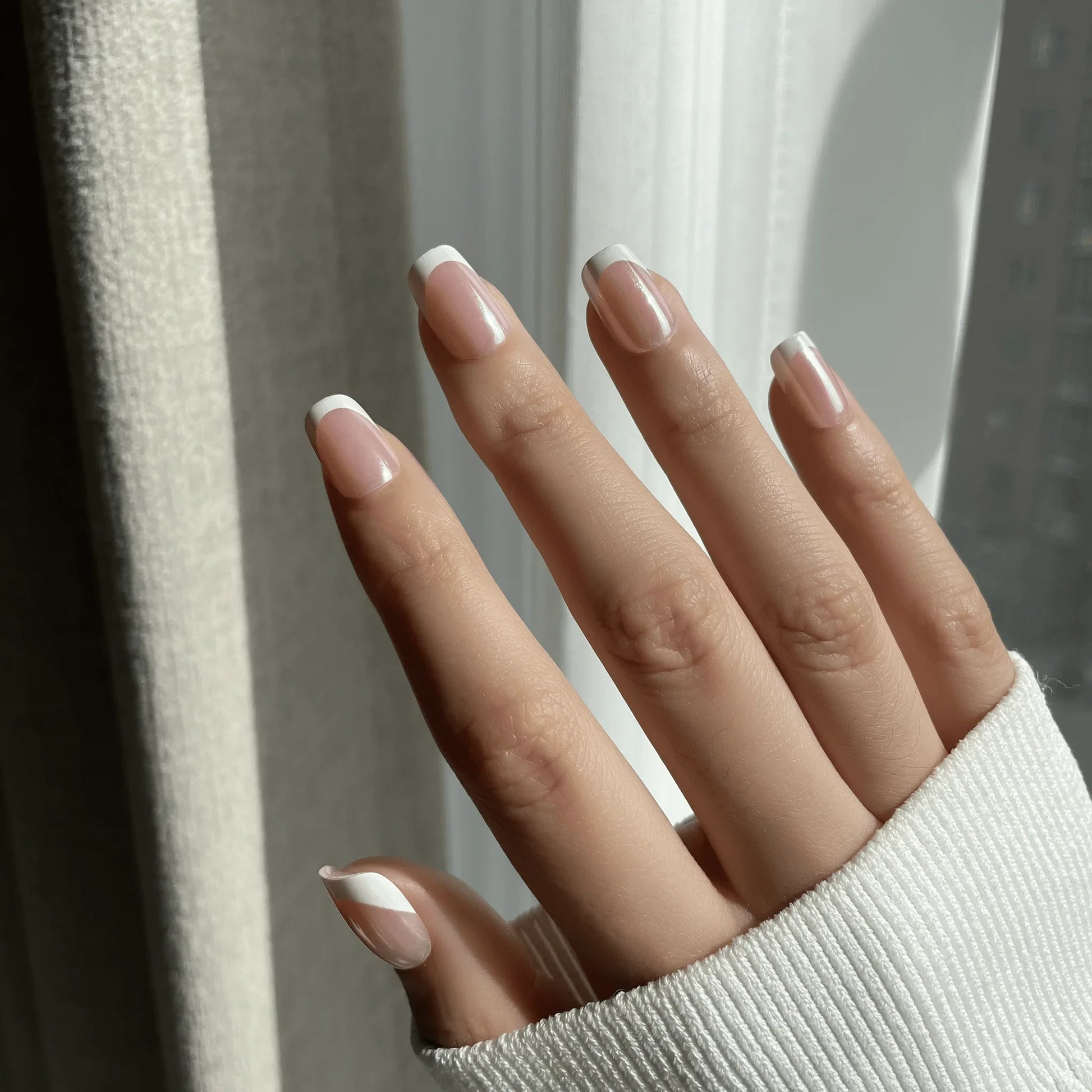 LuxeTip Glazed French Press On Nails, Extra Short Square White French Tips, High-Gloss Finish, On Hand Display 2 