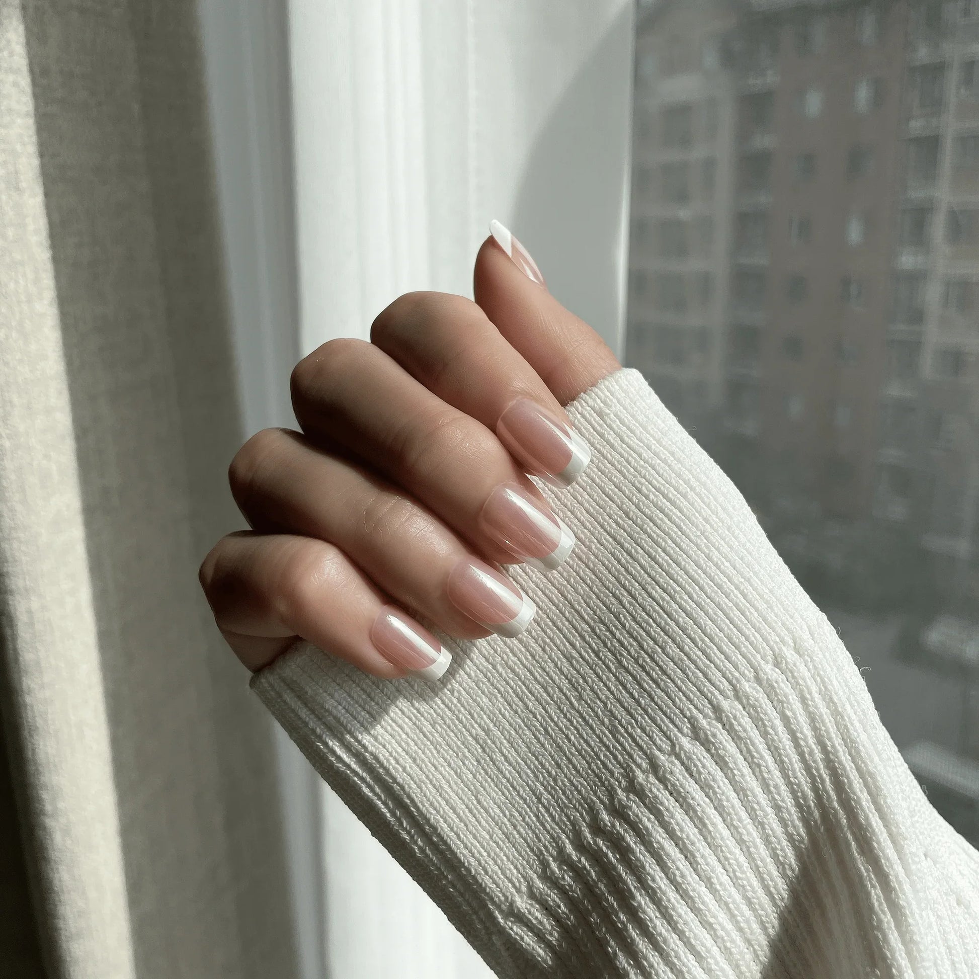 LuxeTip Glazed French Press On Nails, Extra Short Square White French Tips, High-Gloss Finish, On Hand Display 3
