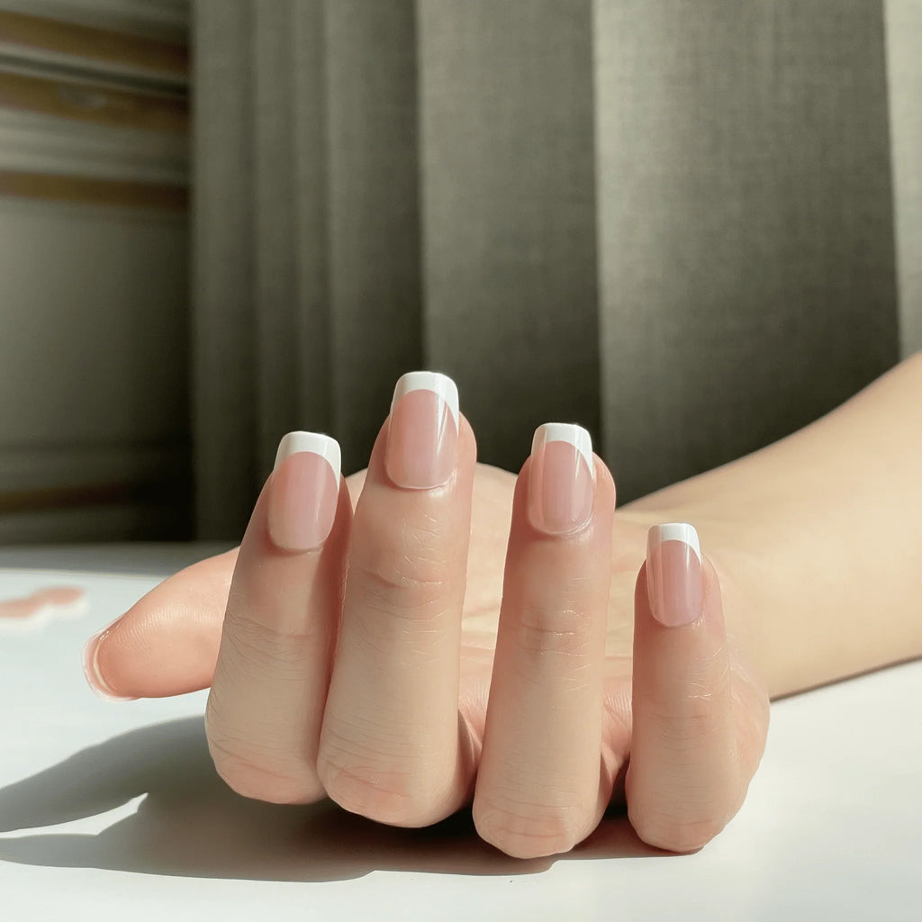 LuxeTip Glazed French Press On Nails, Extra Short Square White French Tips, High-Gloss Finish, On Hand Display 4