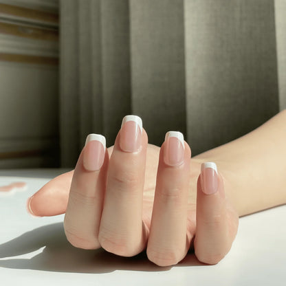 LuxeTip Glazed French Press On Nails, Extra Short Square White French Tips, High-Gloss Finish, On Hand Display 4