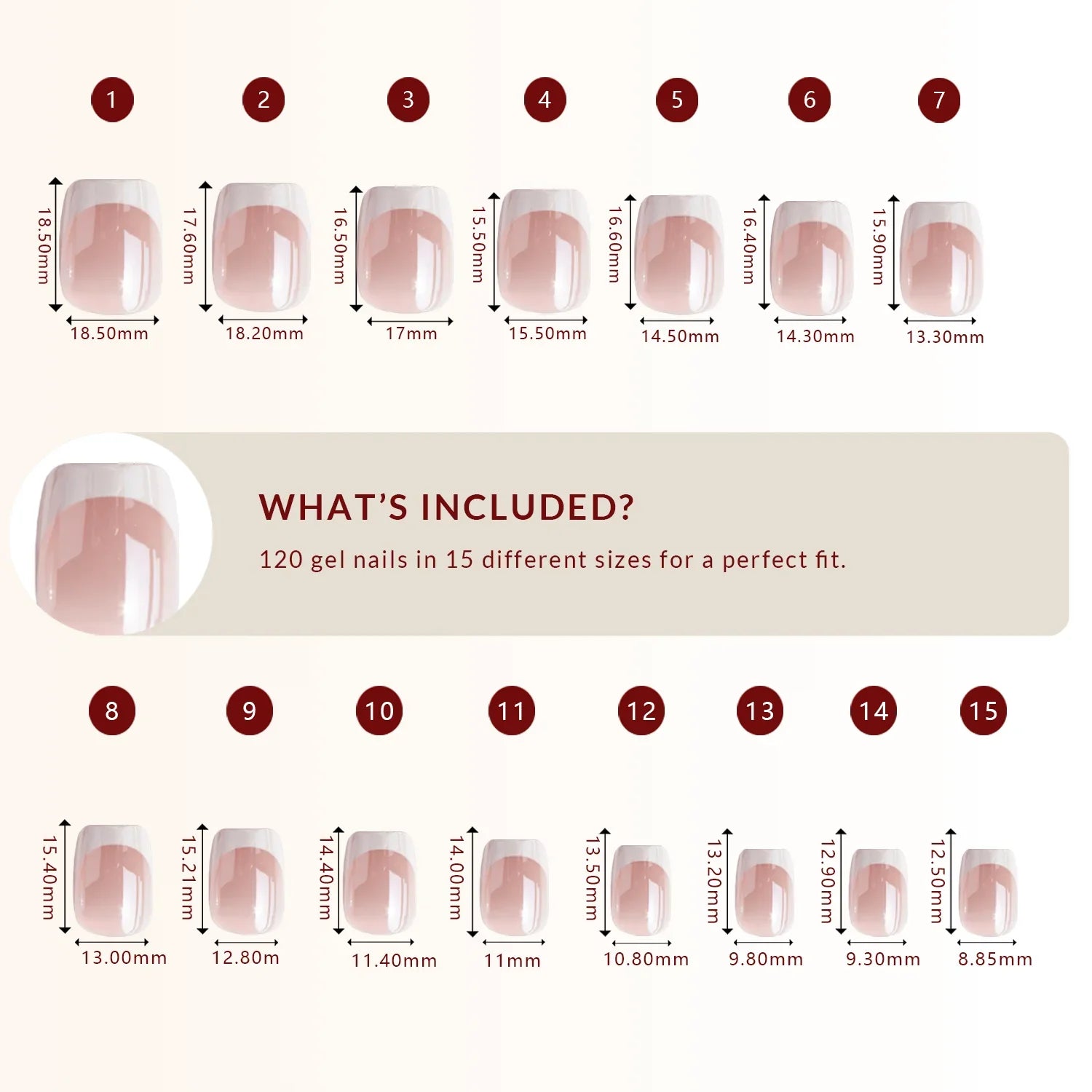LuxeTip Glazed French Press On Nails, Extra Short Square White French Tips, High-Gloss Finish, Size Guide, 120 Gel Nails in 15 Different Nail Sizes