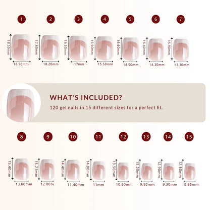 LuxeTip Glazed French Press On Nails, Extra Short Square White French Tips, High-Gloss Finish, Size Guide, 120 Gel Nails in 15 Different Nail Sizes
