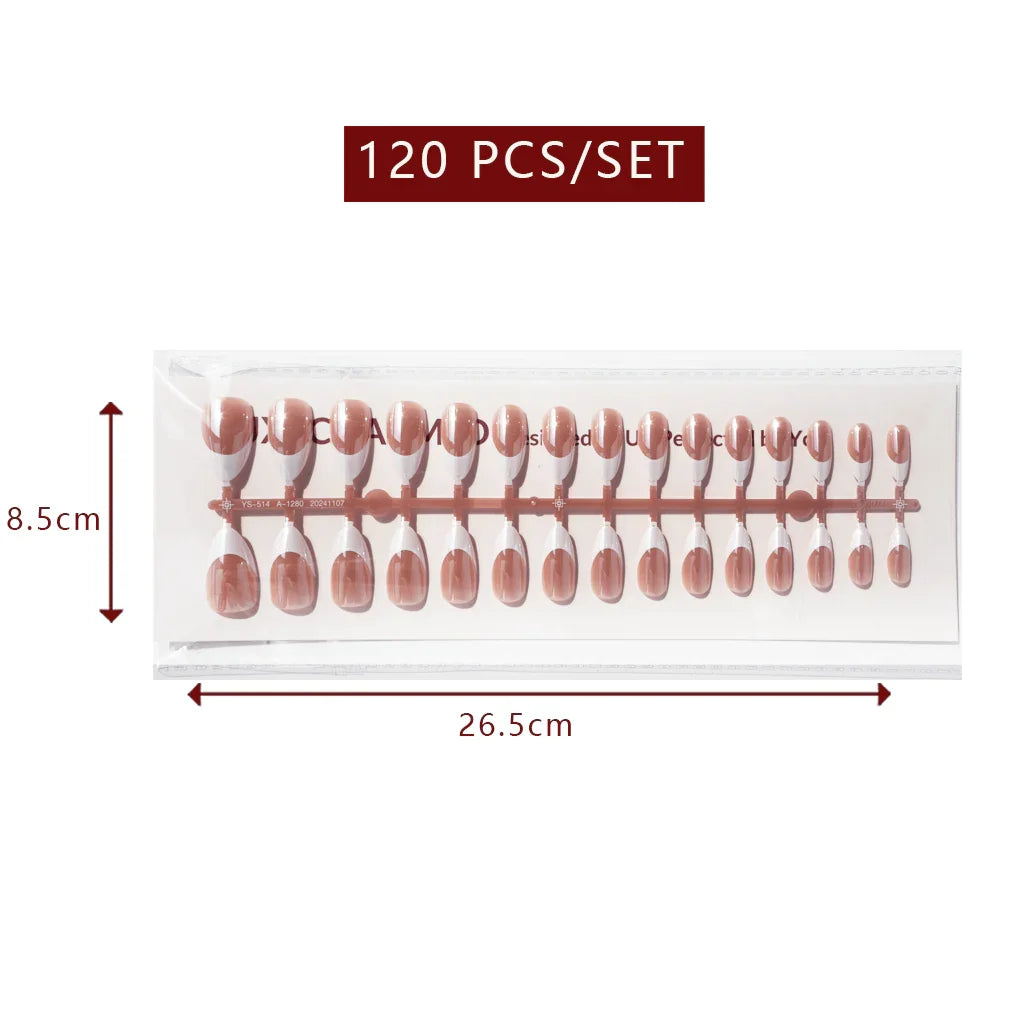LuxeTip Glazed French Press On Nails, Short Almond White French Tips, High-Gloss Finish, Light Brown Color