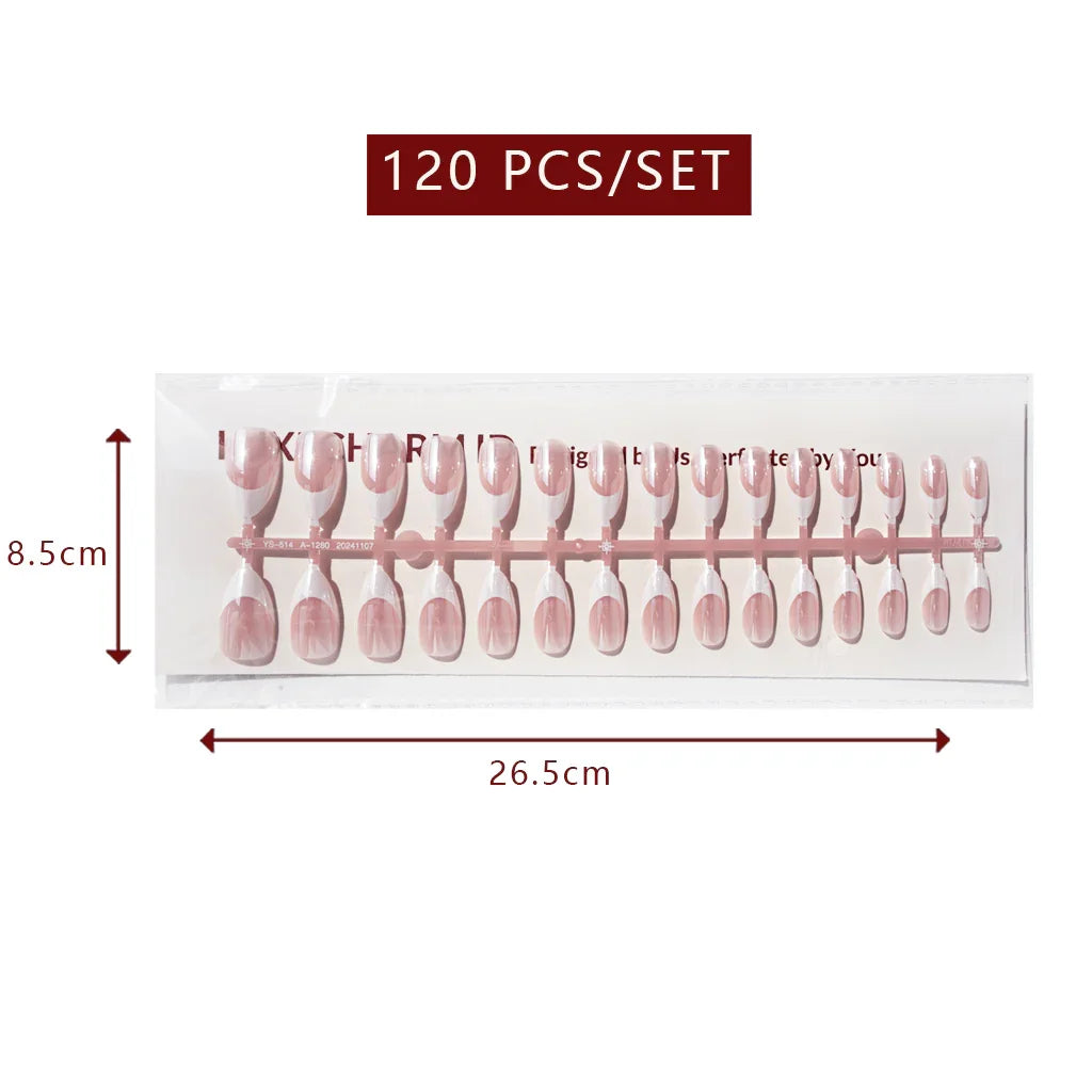 LuxeTip Glazed French Press On Nails, Short Almond White French Tips, High-Gloss Finish, Light Pink Color
