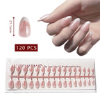 LuxeTip Glazed French Press On Nails, Short Almond White French Tips, High-Gloss Finish, On Hand Display, Thumb Nail Size Guide