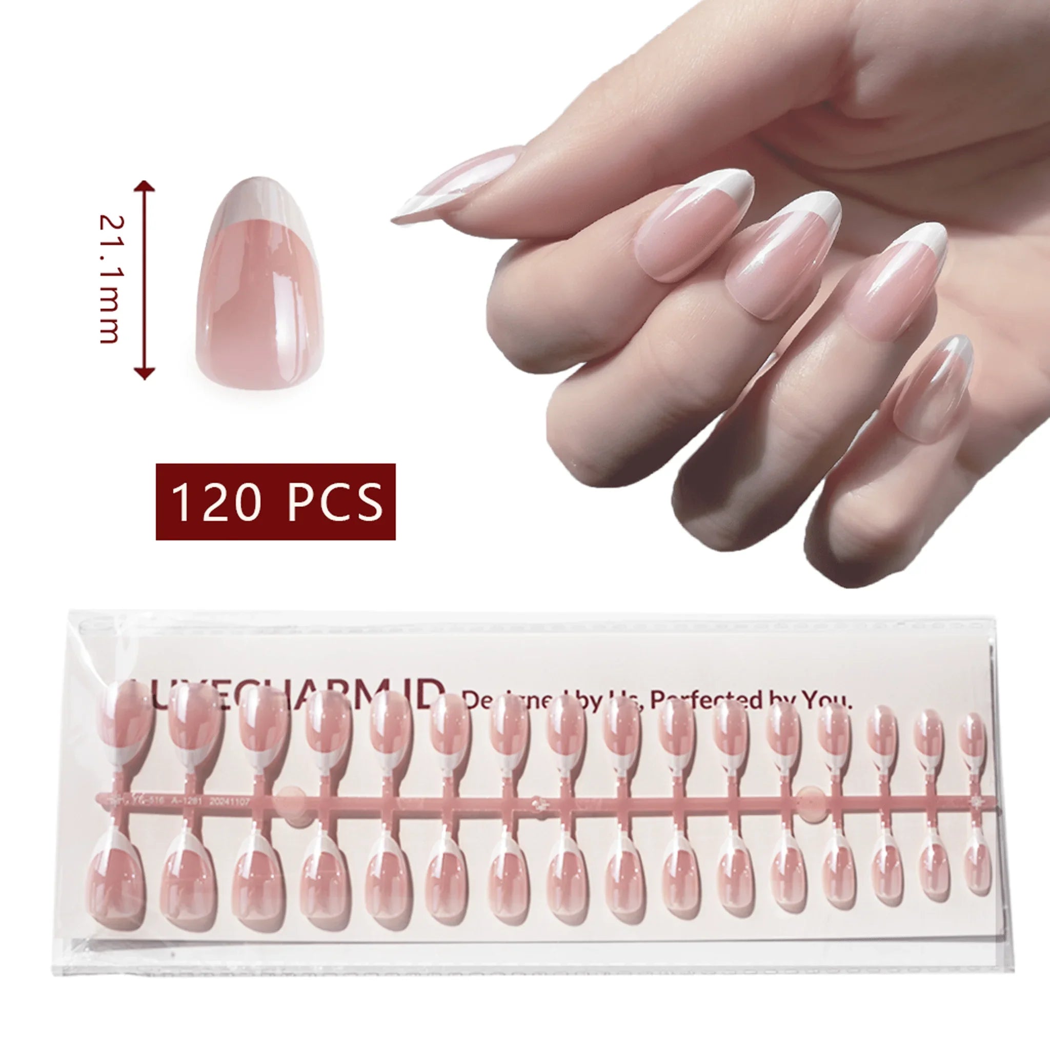 LuxeTip Glazed French Press On Nails, Short Almond White French Tips, High-Gloss Finish, On Hand Display, Thumb Nail Size Guide