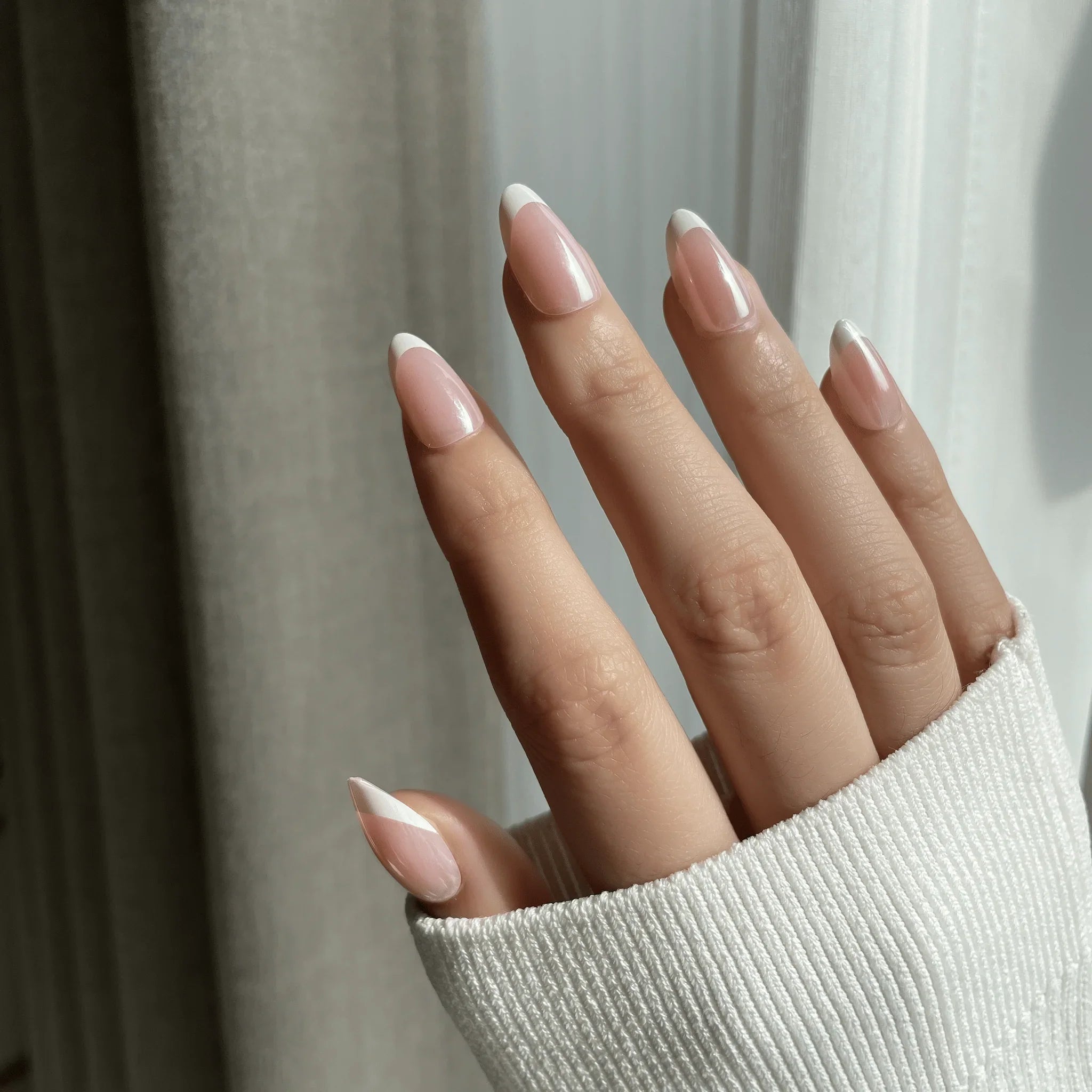 LuxeTip Glazed French Press On Nails, Short Almond White French Tips, High-Gloss Finish, On Hand Display 2