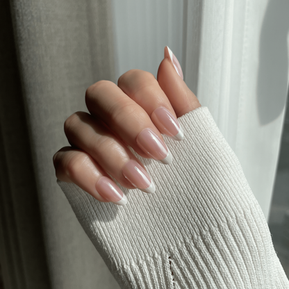LuxeTip Glazed French Press On Nails, Short Almond White French Tips, High-Gloss Finish, On Hand Display 3