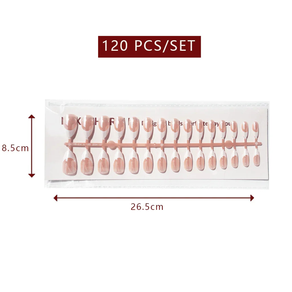 LuxeTip Glazed French Press On Nails, Short Almond White French Tips, High-Gloss Finish, Peach Color