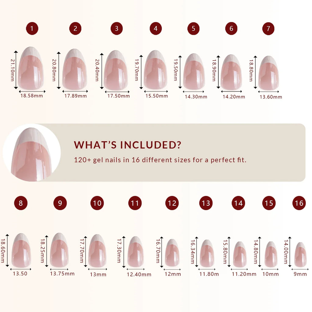 LuxeTip Glazed French Press On Nails, Short Almond White French Tips, High-Gloss Finish, Size Guide, 120+ Gel Nails in 16 Different Nail Sizes