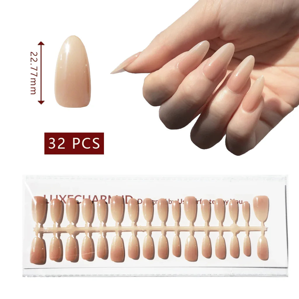LuxeTip Nude Beige Ombre press on nails medium almond, on hand display, thumb nail size