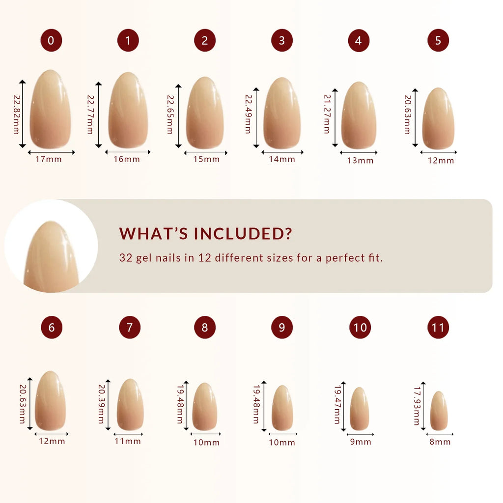LuxeTip Nude Beige Ombre press on nails medium almond, size guide, 32 pcs in 12 sizes