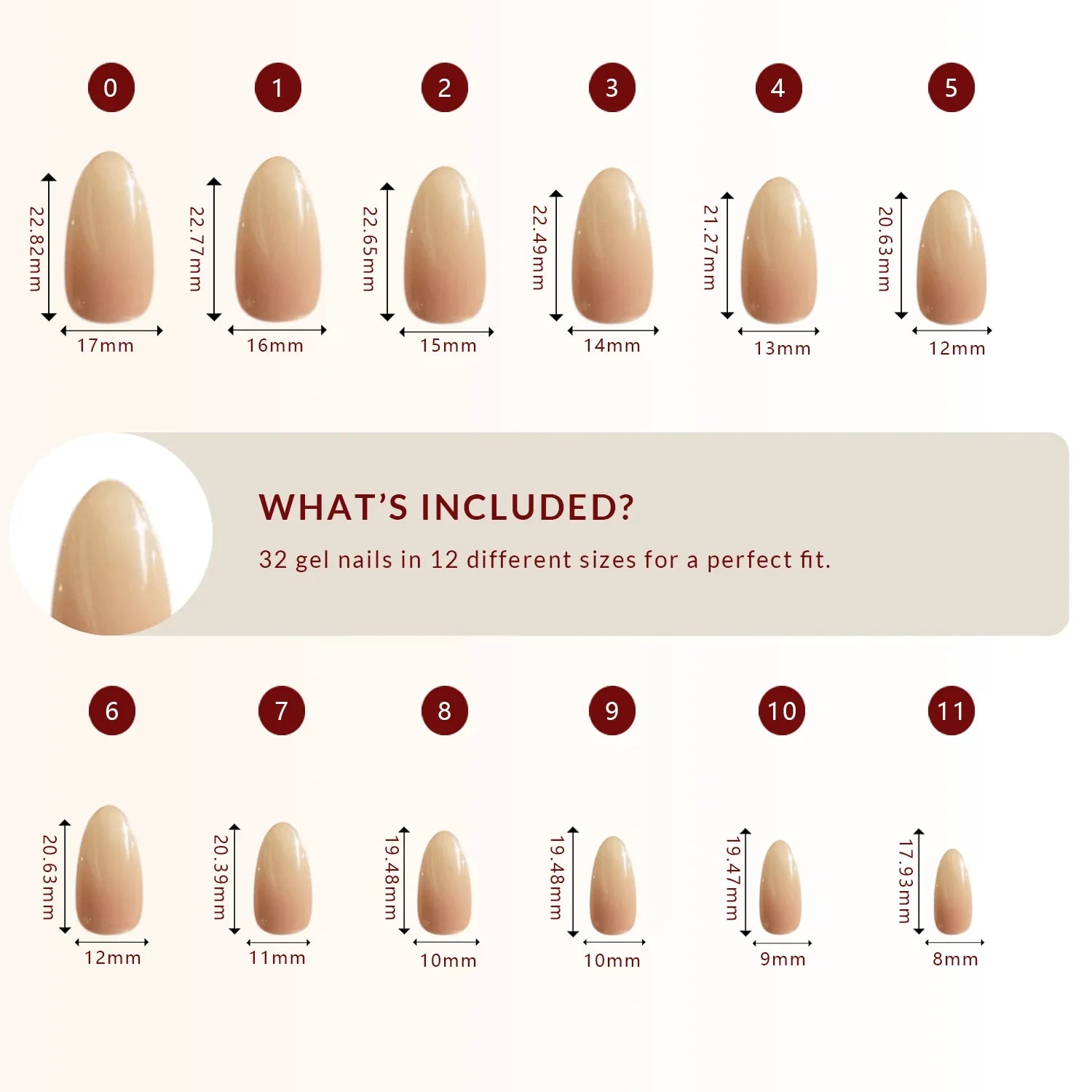 LuxeTip Nude Beige Ombre press on nails medium almond, size guide, 32 pcs in 12 sizes