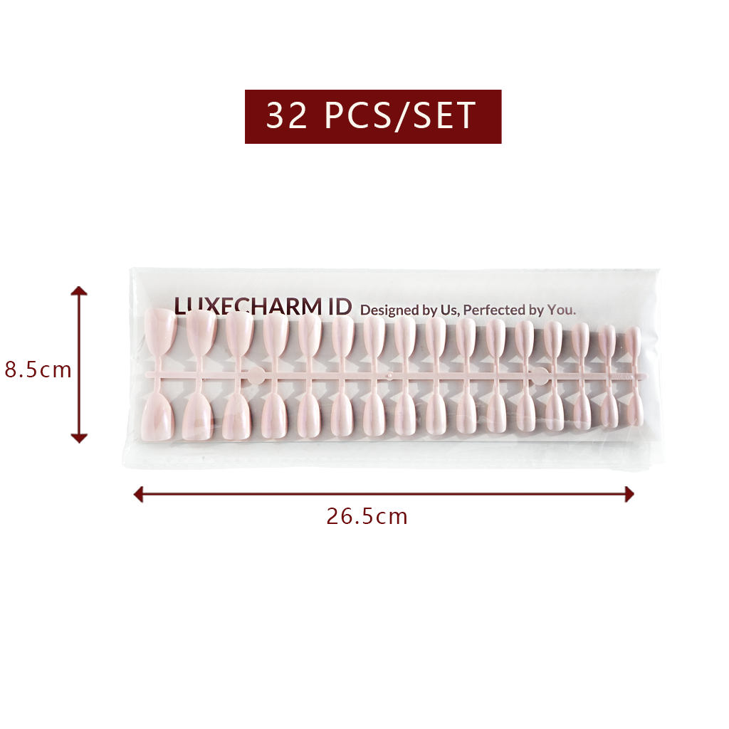 Packaging of LUXECHARM ID Series press on nails - Opal Haze Aurora Short Almond Nails with product dimensions and quantity on a white background