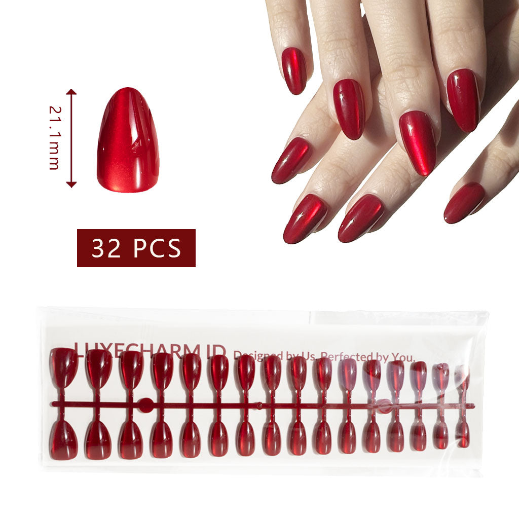 LuxeCharm Ruby Marble Cat-Eye Short Almond Nails set with a hand displaying the nails, showing size and quantity. 32 Pieces