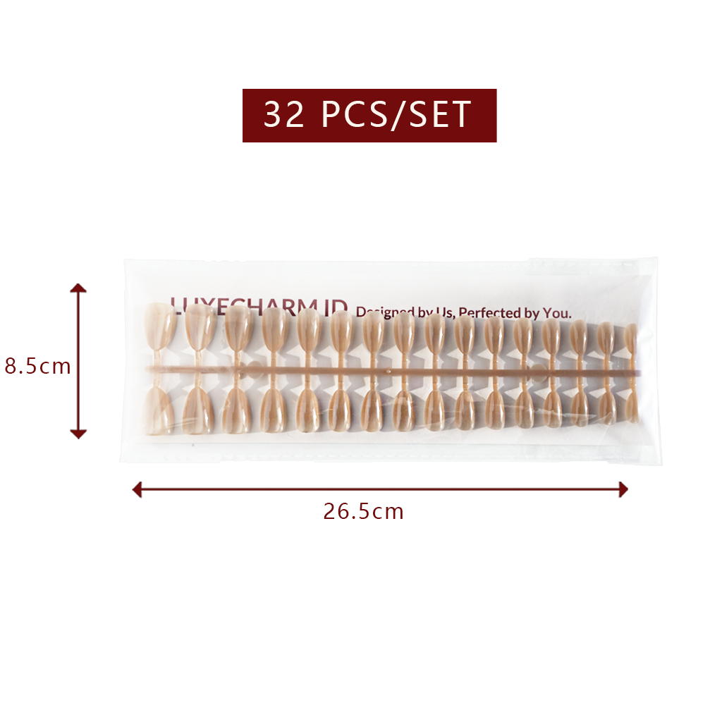 Packaging of 32 pieces of LuxeCharm Sandstone Glow Cat-Eye Short Almond Nails with dimensions and brand name on a white background