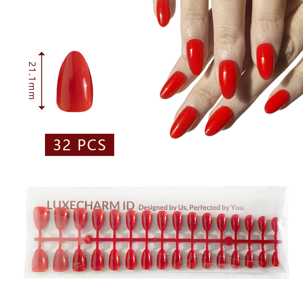  LuxeCharm Classic Rouge press-on nails extensions with packaging and measurement details on a white background. 32 Pieces. Hand wearing LuxeCharm Classic Rouge Set.