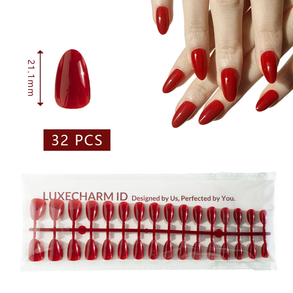  LuxeCharm Noir press-on nails with packaging and measurement details on a white background. 32 pieces