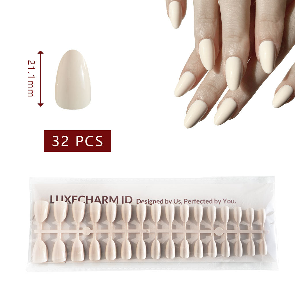 Set of 32 LuxeCharm Soft Cream press on nails extensions with packaging and measurement details on a white background