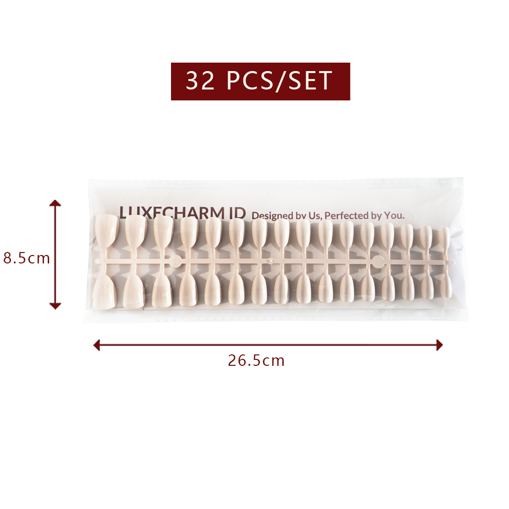 Packaged set of 32 LuxeCharm Soft Cream press on nails with dimensions and brand name on a white background
