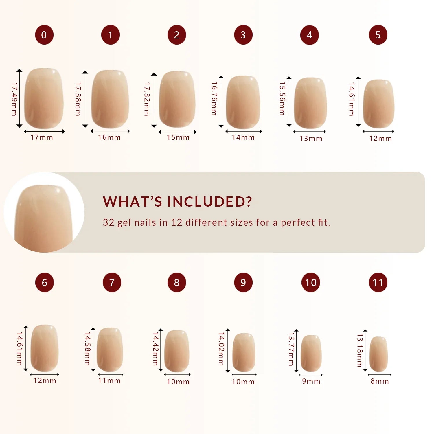 LuxeTip nude beige ombré press-on nails extra short square, 32 pcs in 12 sizes