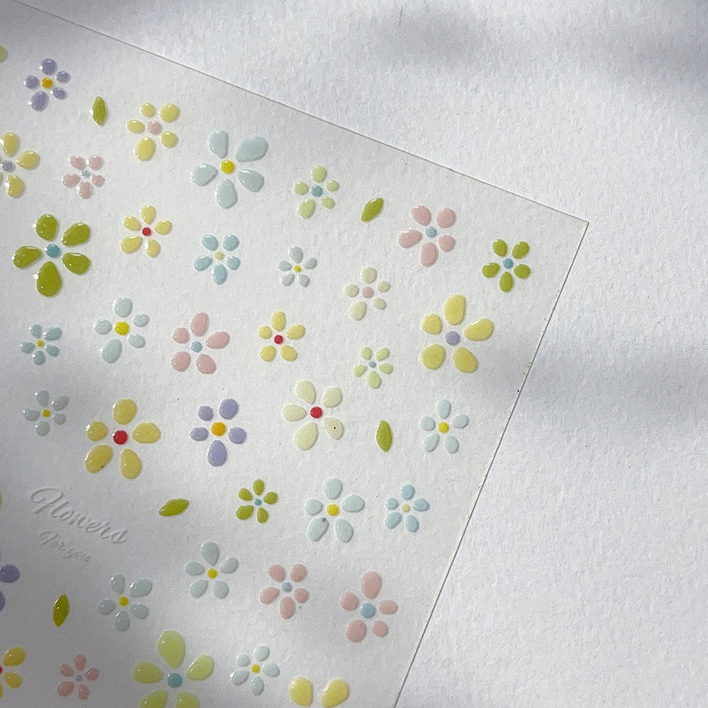 Minimal cartoon bloom jelly flower 3D nail art sticker on press on nails, close up look angle 3
