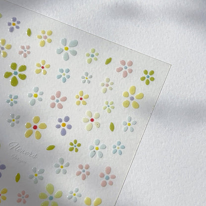 Minimal cartoon bloom jelly flower 3D nail art sticker on press on nails, close up look angle 3