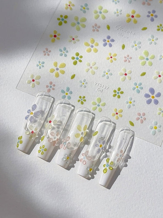 Minimal cartoon bloom jelly flower 3D nail art sticker on press on nails, close up look